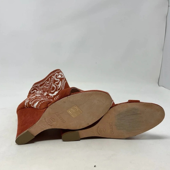 Anthropologie Plomo Paula Embroidered Wedge Sandals Rust Orange Size 37 US 6.5 - Picture 8 of 8